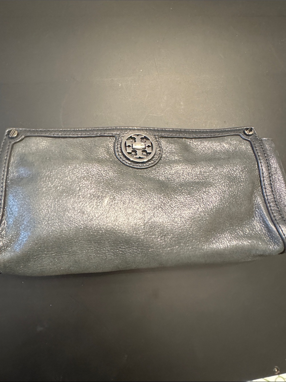 Tory Burch Black Pebbled Leather Metalic Clutch